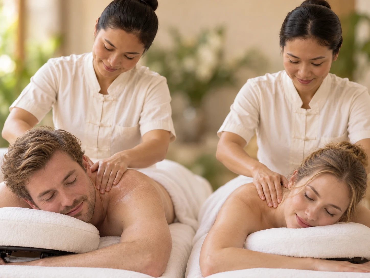 Two guests enjoying a Thai massage together